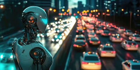 A futuristic robot stands on a busy city street at night, with illuminated traffic in the background.