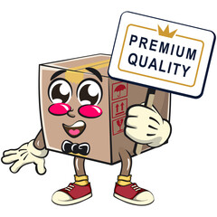 delivery cardboard box mascot cartoon character vector illustration with a sign that says premium quality, work of hand drawn