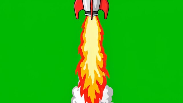 Cartoon Rocket Launching with Fiery Thrust and Smoke on Green Screen Background, Animated Spacecraft Blasting Off for Adventure and Progress