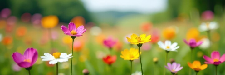 Fototapeta premium Close-up colorful wildflowers, blurred pastoral scene, pastoral, fresh