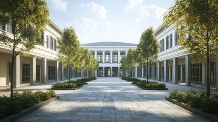 Architectural rendering of a modern building with a courtyard