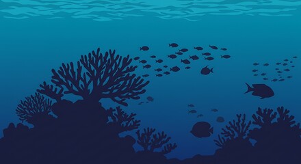 Underwater scene coral reefs and school of fish silhouette against blue