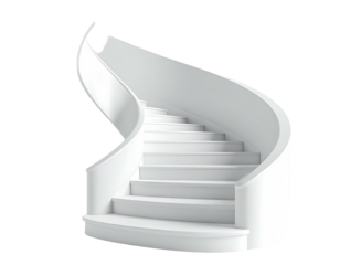A white, curved staircase ascends gracefully against a stark white background