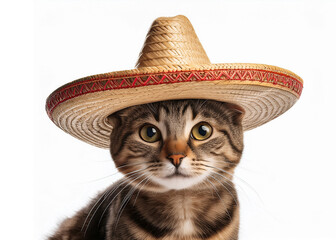 cute domestic cat wearing a sombrero hat; fun and festive pet portrait, perfect for holiday decorations, greeting cards, party invitations, or humorous designs