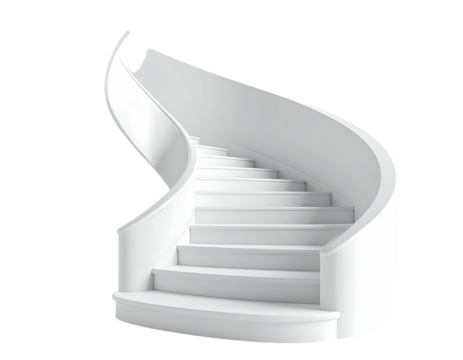 A white, curved staircase ascends gracefully against a stark white background