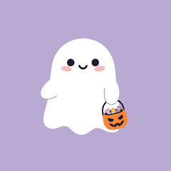 A fun vector cartoon illustration of a baby ghost flying over a pink happy Halloween pumpkin character

