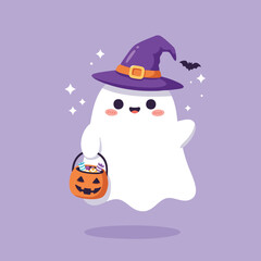 A fun vector cartoon illustration of a baby ghost flying over a pink happy Halloween pumpkin character

