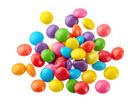 Pile of brightly colored, round candies on a black background