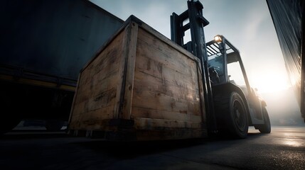 A forklift carefully lifts a large wooden crate onto a truck in an industrial loading zone under bright sunlight