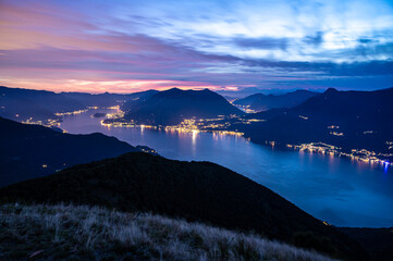 Lake Como panorama, photographed at night from Alpe Giumello, with Bellagio, Tremezzina, Villa Balbianello, and a glimpse of Lake Lugano.