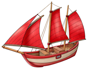 Illustration of a charming vintage sailboat with bright red sails against a solid black background perfect for creative projects