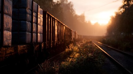 Naklejka premium A freight train loaded with cargo travels along railway tracks during a vibrant golden hour sunset