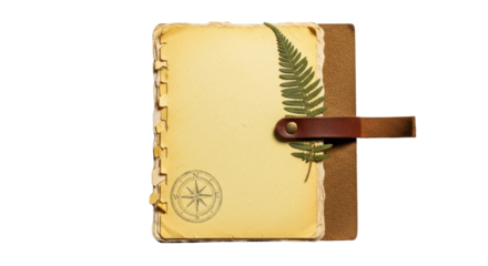 Open travel notebook with compass, fern and copy space isolated PNG with Transparent Background