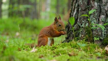 Red squirrel foraging in mossy forest floor