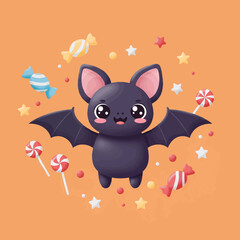 Seamless 2D kawaii Halloween pattern, repeating adorable pumpkins, cartoon bats, candy with faces, cupcakes with ghost toppings, crescent moon with a hat.