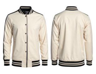 Front and back views of a cream-colored bomber jacket with black accents