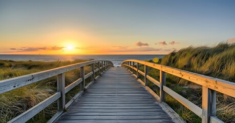 Fototapeta premium Wooden boardwalk leading to sunset beach 