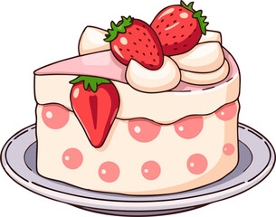 Cute Strawberry Cake Slice Vector Illustration – Cartoon Dessert with Whipped Cream and Pink Polka Dot Frosting on Plate
