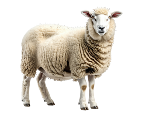 White sheep with thick wool stands against black background, looking directly ahead