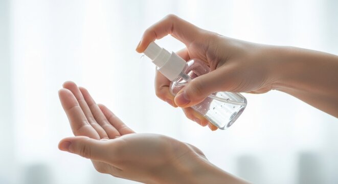 Person spraying hand sanitizer from clear bottle onto other hand for sanitation purposes shown close up