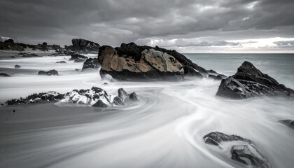 Moody seascape with blurred waves flowing around dark rocks under a dramatic sky