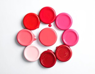 A ring of colorful, round makeup samples with varied shades of pink and red