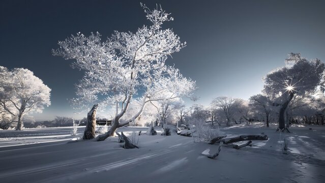 Winter landscape with frost covered trees and sunburst in northeast China snow drifts under bright blue sky - Powered by Adobe