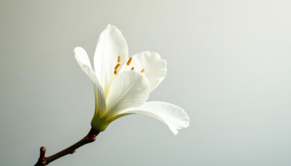 Obraz premium Delicate white blossom, petals unfurled, pure backdrop , soft, single flower, beauty