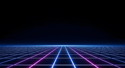 Abstract retro futuristic background with a glowing blue and purple neon laser grid moving into a dark digital space