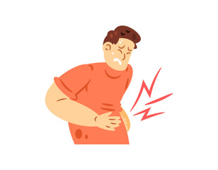 Illustration of a man experiencing stomach pain. Stomach cramps, digestive problems, symptoms of ulcers and GERD. Holding his stomach in pain. Flat style character design. White background.