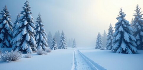 Dense fog blankets a snow covered, tranquil winter forest Serene, cold landscape , quiet, cold