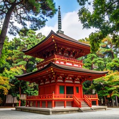Fototapeta premium Red pagoda in a lush garden setting