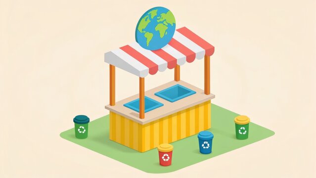 Promoting sustainable living with a vibrant earth stall, showcasing recycling bins in a playful and engaging way, perfect for educational initiatives