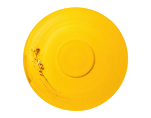 A bright yellow dish with concentric circles, adorned with a delicate sprig