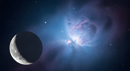 Cosmic vista featuring a serene crescent moon floating before a brilliantly glowing stellar nursery nebula in deep space