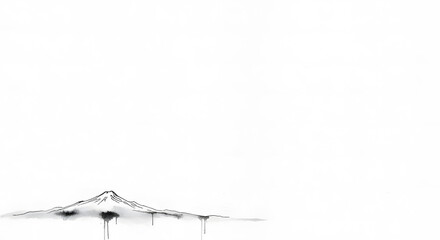 Minimalist black and white mountain peak illustration with ink drips. Artistic sumi-e style landscape on a clean white background