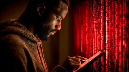 A focused African American hacker or IT pro working on a tablet in a dark room with falling red binary code. He is analyzing a data stream, possibly during a ransomware attack or security scan.