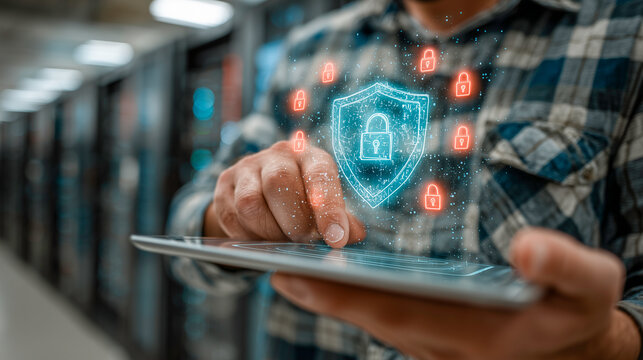 IT support engineer using a tablet with a holographic shield icon in a server room,symbolizing robust cyber security and data protection.Concept of network administration and defending against digital - Powered by Adobe