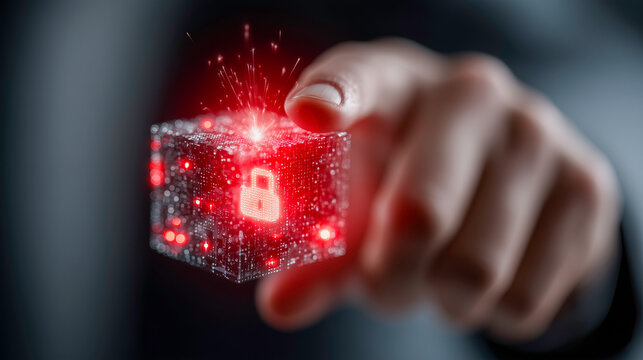 A hand interacting with a floating, holographic data cube with a red padlock inside. This represents managing encrypted files, blockchain technology, NFTs, or accessing a secure, locked digital asset.