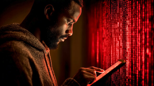 A focused African American hacker or IT pro working on a tablet in a dark room with falling red binary code. He is analyzing a data stream, possibly during a ransomware attack or security scan.