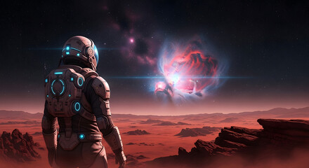 A lone explorer in a futuristic spacesuit stands on a desolate red planet, witnessing a breathtaking cosmic event in the vastness of space