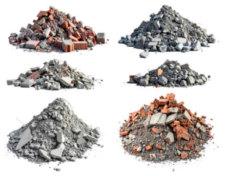 Six piles of construction debris, broken bricks and concrete. Isolated on black