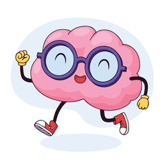 A cartoon drawing of a pink brain with a happy, smiling face. It's personified with arms and legs, wearing large, round purple-rimmed glasses and red sneakers, and appears to be running or jogging.