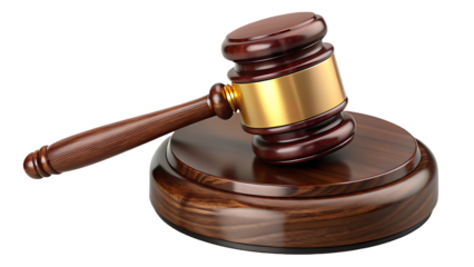 Wooden Judge Gavel with Golden Accent on Sounding Block Isolated Against Black Backdrop Rendering Judicial Authority and Legal Process