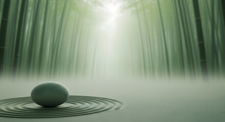 Zen Garden Serenity Tranquil Bamboo Forest with Raked Sand and Smooth Stone