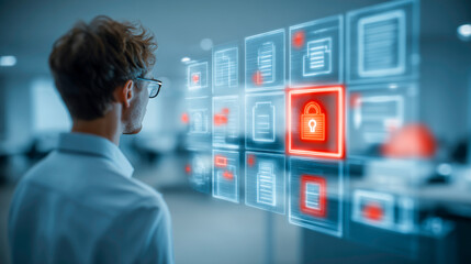 A back view of a male IT professional working with a large holographic interface showing locked and unlocked file icons. He is managing data access rights and cyber security protocols.