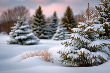 A Tranquil Winter Wonderland Scene with Majestic Snow-Covered Evergreen Trees and Soft Pastel Sky