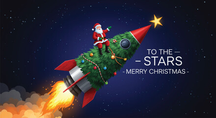 A festive illustration featuring Santa Claus riding a Christmas tree rocket, symbolizing a joyful journey to the stars for a Merry Christmas celebration. Happy Holidays! Vector illustration.