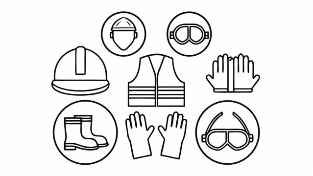 Illustration of safety equipment including a hard hat vest gloves goggles and boots in black and white line art