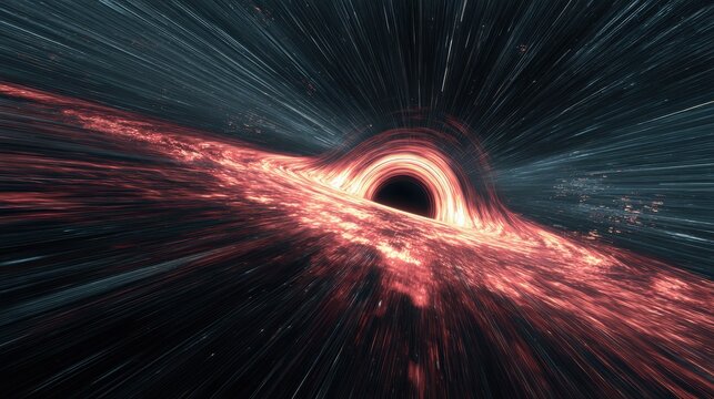 A black hole simulation with a spaceship nearing the event horizon, a thrilling and scientific scene.